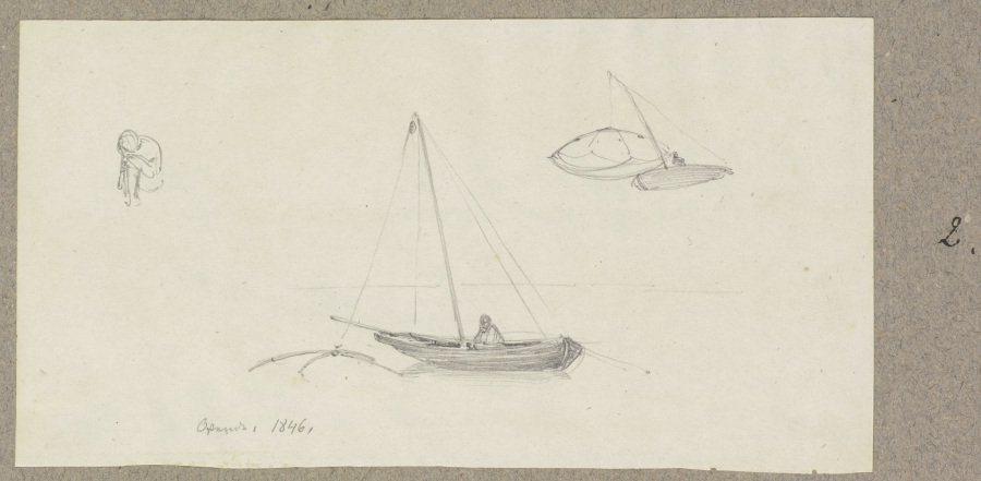 Studienblatt: Zwei Boote mit Fischern und Reusen, links eine kauernde Figur à Carl Theodor Reiffenstein