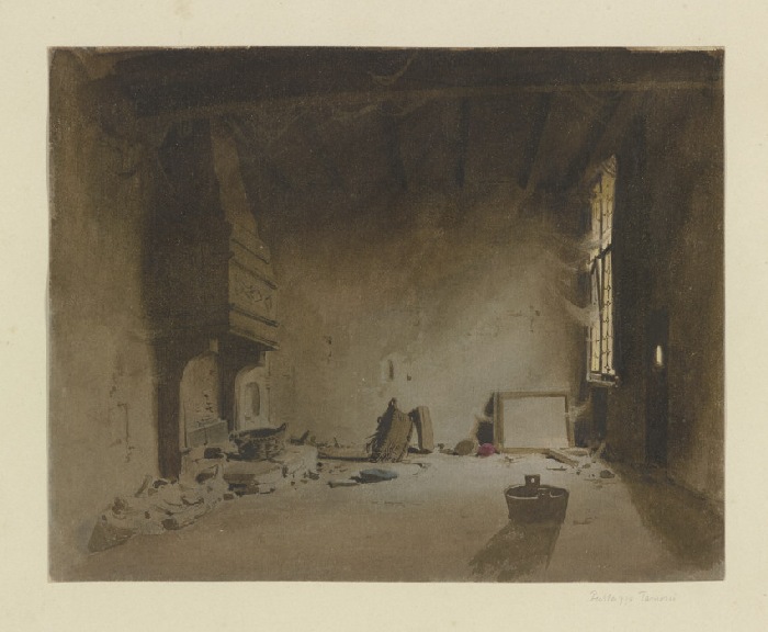 Verwahrloster Raum mit Kamin in einem Palazzo in Venedig à Carl Theodor Reiffenstein