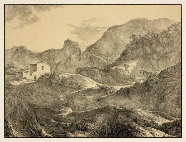 Gebirgslandschaft, links ein Haus mit einem Wanderer davor à Carl Friedrich von Rumohr
