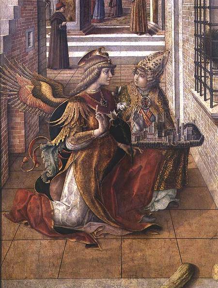 The Annunciation with St. Emidius, detail of the archangel Gabriel with the saint à Carlo Crivelli