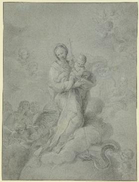 Maria mit dem Kind auf einer Wolke über die Schlange triumphierend (Maria Immaculata)