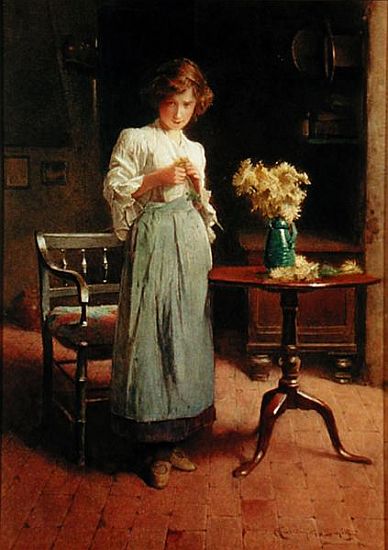 Girl in a cottage by a table and chair à Carlton Alfred Smith