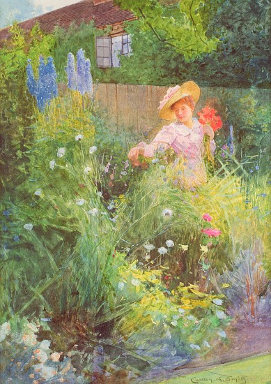 Lady picking flowers in a country garden à Carlton Alfred Smith