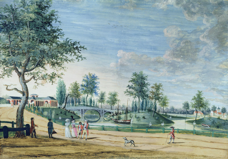 Railway Bridge, Parc du Raincy (The Duke and Duchess of Chartres on their way to the Orangerie) (gou à Carmontelle