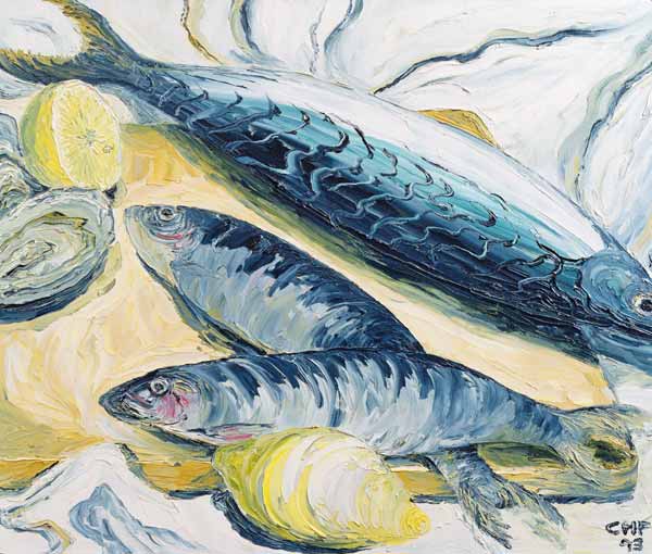 Mackerel with Oysters and Lemons, 1993 (oil on paper)  à Carolyn  Hubbard-Ford