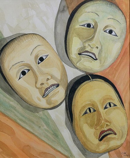 Oriental Masks (pen & ink and w/c on paper)  à Carolyn  Hubbard-Ford