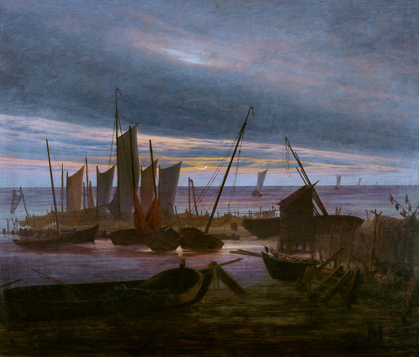 Mer Baltique-plage avec des bateaux de pêcheur à l'apparition de la lune à Caspar David Friedrich