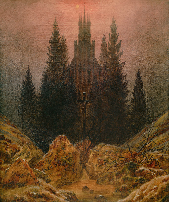 Croix et cathédrale dans la montagne à Caspar David Friedrich