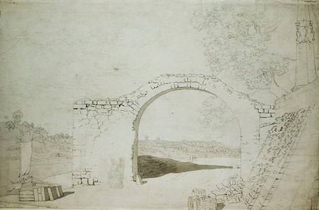 River Landscape with an Arch (unfinished) (pencil, pen and w/c on à Caspar David Friedrich