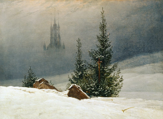Paysage d'hiver avec l'église à Caspar David Friedrich