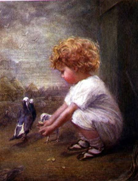 Little Girl feeding Pigeons à Catherine P. Brooker