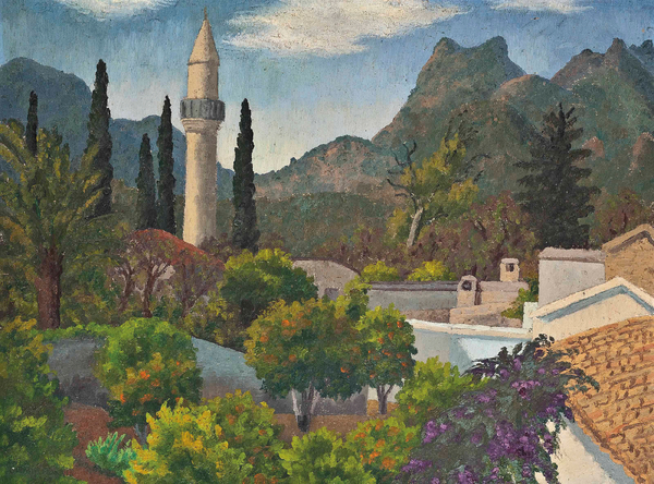 Turkish Village with Mosque, Cyprus à Cedric Morris