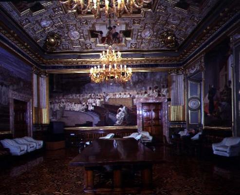 The 'Sala Maccari' (Maccari Room) richly decorated with gilt stucco and scenes of Roman history, det à Cesare Maccari