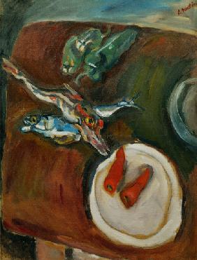 Nature morte aux poissons, poivrons et carottes