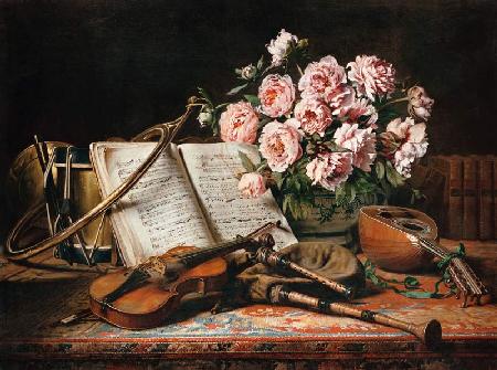 Nature morte avec instruments de musique et pivoines