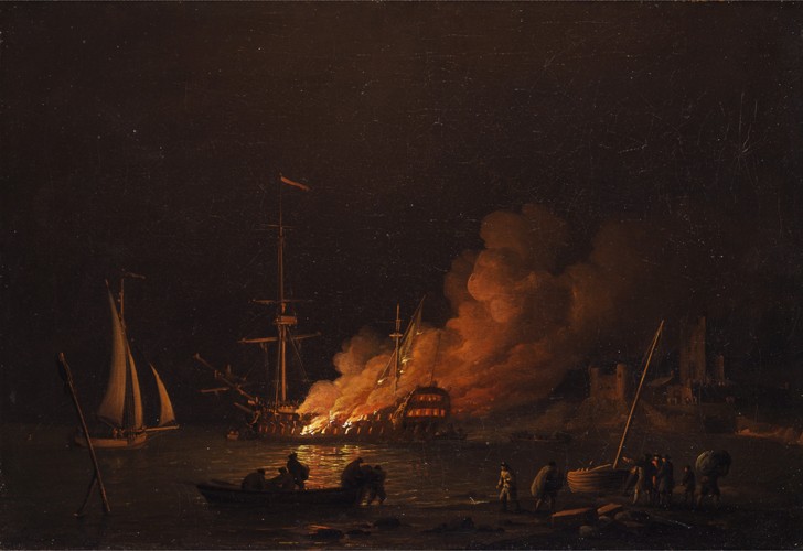 Ship on fire at night à Charles Brooking