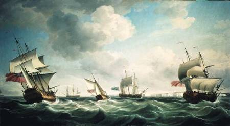 East Indiamen and a smack-rigged Royal Yacht in a breeze off the Downs à Charles Brooking