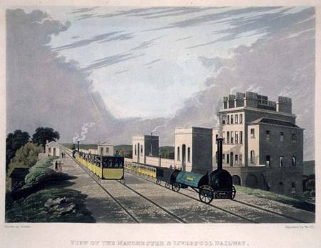 View of the Manchester and Liverpool Railway, taken at Newton, 1825, engraved by Havell à Charles Calvert