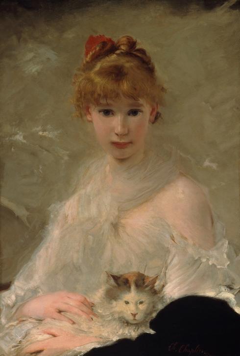 Portrait of a young woman with cat à Charles Chaplin
