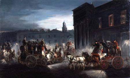 The Edinburgh Mail Coach and Other Coaches in a Lamplit Street à Charles Cooper Henderson