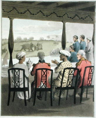 Marquis Wellesley and his Suite, at the Nabob of Oude's Breakfast Table, viewing an elephant fight, à Charles D'Oyly