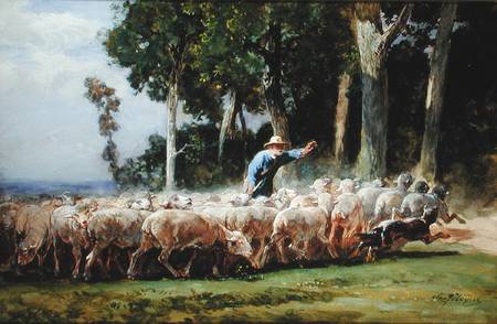 A Shepherd with a Flock of Sheep à Charles Emile Jacques