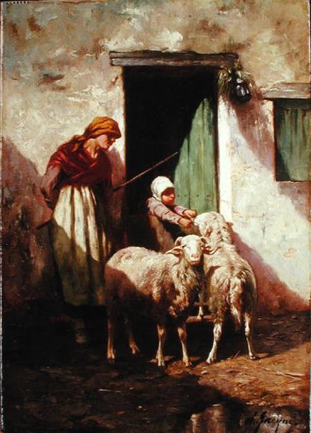 Shepherdess with a Child and Two Sheep à Charles Emile Jacques