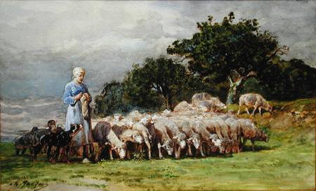 A Shepherdess with a Flock of Sheep à Charles Emile Jacques