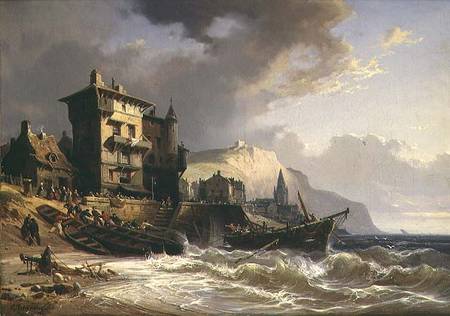Hauling the Boats ashore on the Coast of Brittany à Charles Euphrasie Kuwasseg