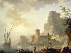 A Mediterranean Harbour Scene at Sunset