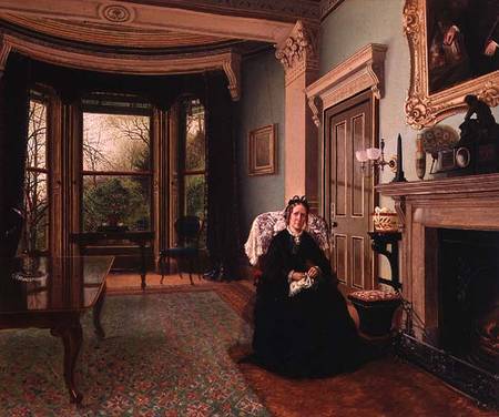 Victorian interior with seated lady à Charles Frederick Lowcock