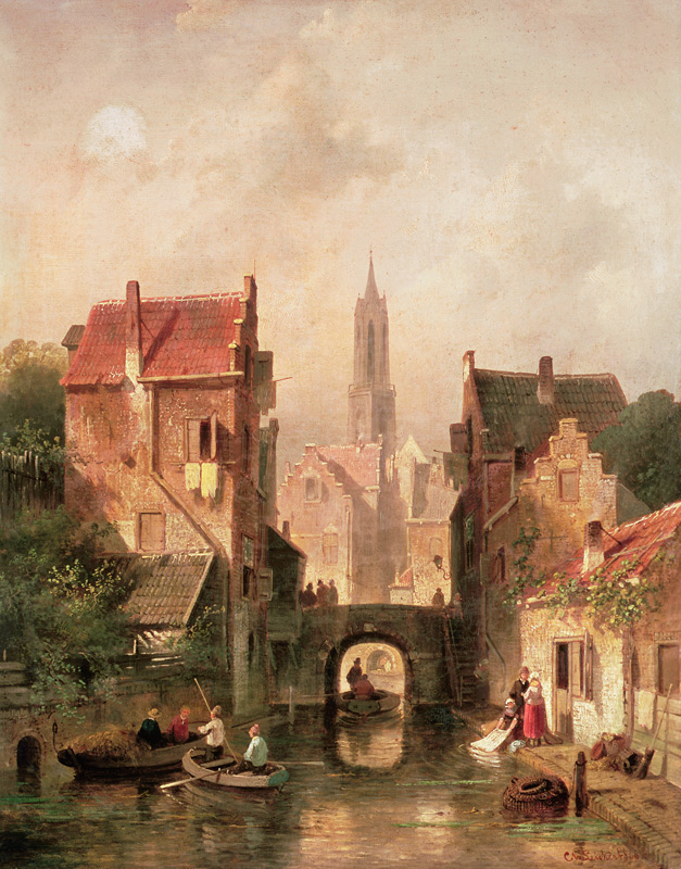 A Dutch canal scene à Charles Henri Joseph Leickert