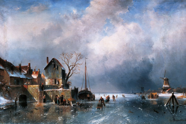 paysage fluvial en hiver avec des patineurs à Charles Henri Joseph Leickert