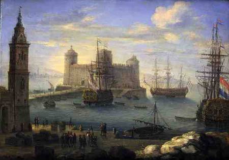 A Mediterranean port with men o' war à Charles Laurent Grevenbroeck