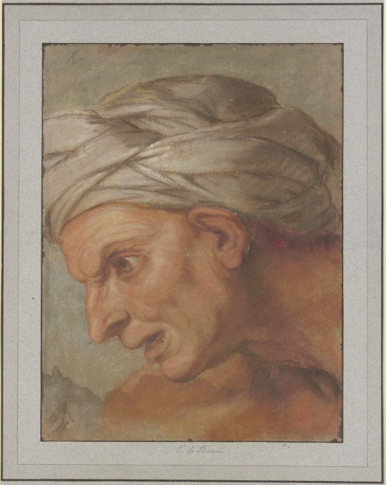 Kopf im Profil nach links aus den "Königinnen zu Füßen Alexanders des Großen" à Charles Le Brun