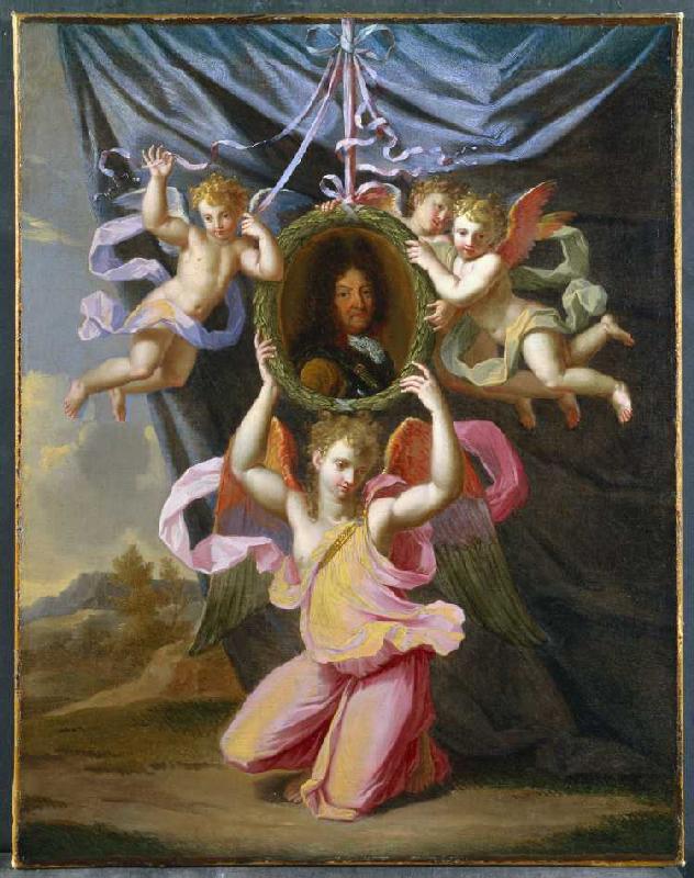 Bildnis Ludwig XIV., von Engeln vor einem Vorhang gehalten. à Charles Le Brun (successeurs)