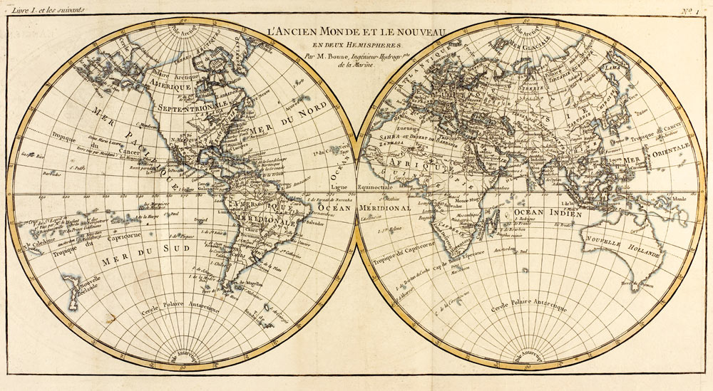 Map of the World in two Hemispheres, from 'Atlas de Toutes les Parties Connues du Globe Terrestre' b à Charles Marie Rigobert Bonne