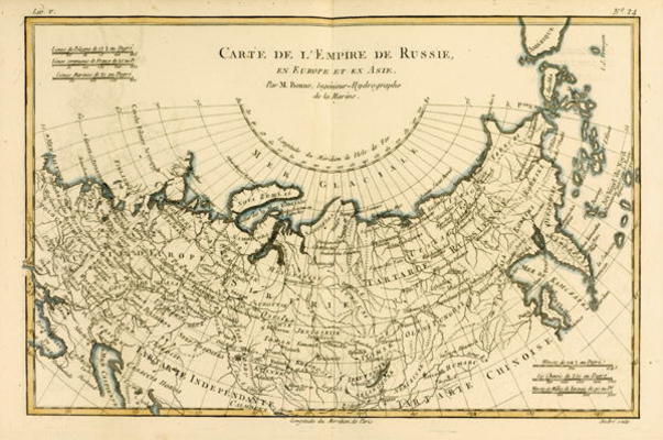 Map of the Russian Empire, in Europe and Asia, from 'Atlas de Toutes les Parties Connues du Globe Te à Charles Marie Rigobert Bonne