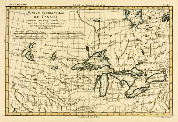 Western Canada, including the Five Great Lakes, from 'Atlas de Toutes les Parties Connues du Globe T à Charles Marie Rigobert Bonne