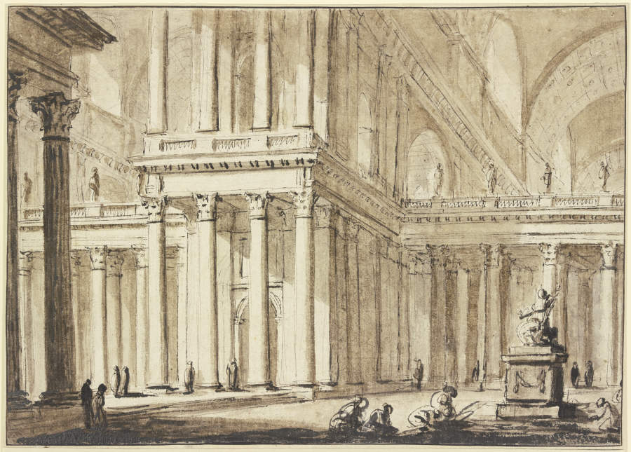 Grandiose Säulenhalle, rechts eine Statue vor welcher mehrere Menschen knien à Charles-Michel-Ange Challe