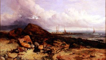 Shore Scene with Fishing Boat and Terns à Charles Napier Hemy