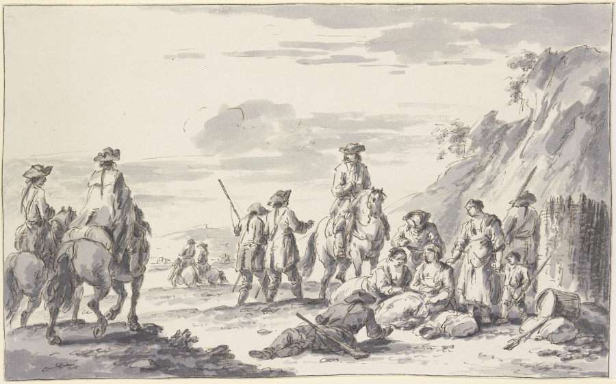Soldaten zu Pferde und zu Fuß bei einem Schanzkorbe mit Frauen und Kindern à Charles Parrocel