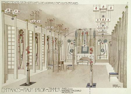 Design for a Music Room with panels by Margaret Macdonald Mackintosh (1865-1933) 1901 (colour litho) à Charles Rennie Mackintosh