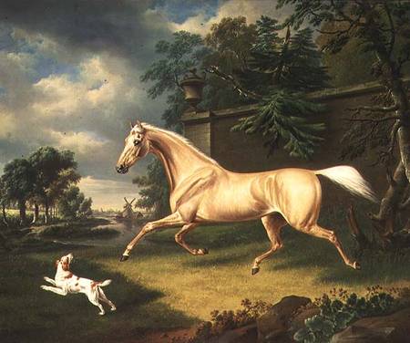 A Palomino frightened by an oncoming storm with a Spaniel à Charles Towne