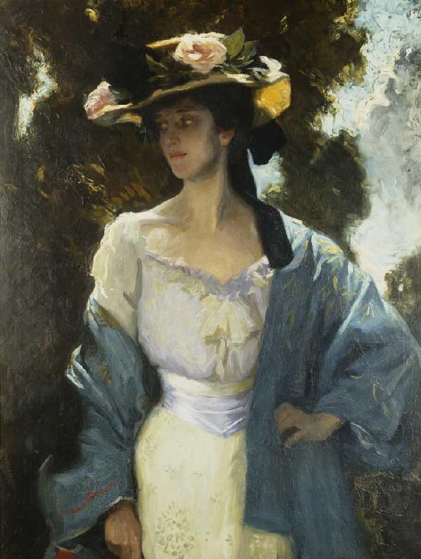 Frances Josephine Furse, Schwägerin des Künstlers, in einer blauen, orientalischen Jacke à Charles Wellington Furse