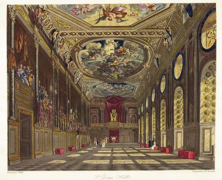 St. George's Hall, Windsor Castle, from 'Royal Residences', engraved by W. J. Bennett , pub. by Will à Charles Wild
