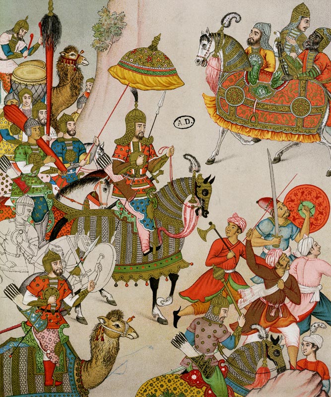 Emperor Babur (r.1526-30) at the head of his army, after a sixteenth century Mughal miniature (colou à Charpentier