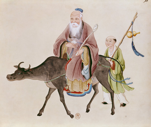 Lao-Tzu (c.604-531) on his buffalo, followed by a disciple  on à Ecole chinoise