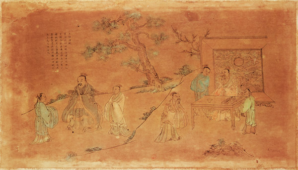 Scene from the life of Confucius (c.551-479 BC) and his disciples, Qing Dynasty (1644-1912) à Ecole chinoise