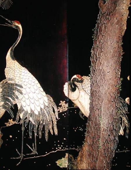Detail of two cranes from a Coromandel screen à Ecole chinoise